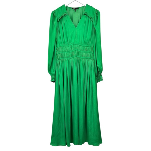 [relisted] Maje Bright Green Pleated Effect Puff Sleeve Flowy Satin Maxi Dress - Picture 5 of 12